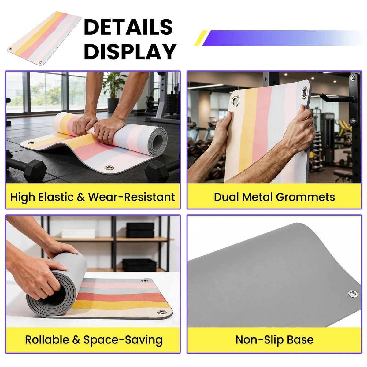 Hanging Fitness Exercise Mat, 71"×24" Non-Slip Foldable Workout Mat with Metal Grommets for Yoga Strength Training Home Gym