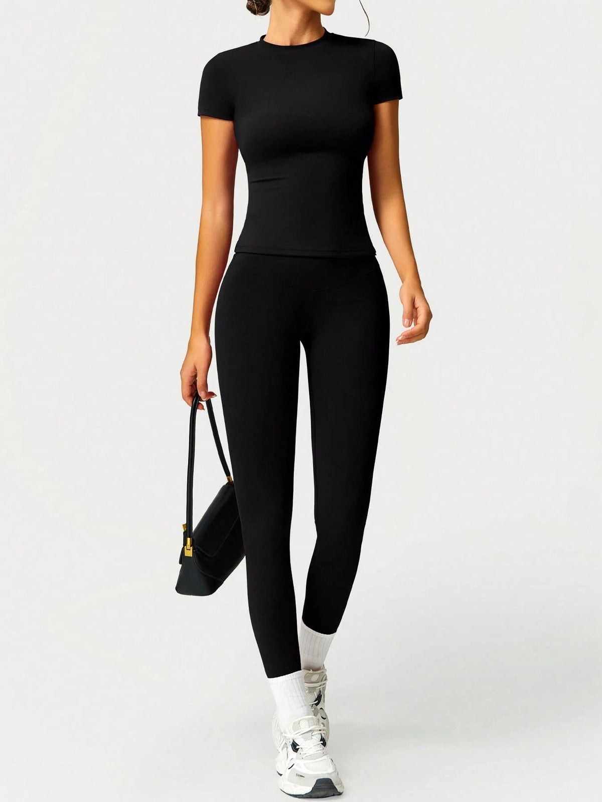 2pcs/Set Women Soft Moisture Wicking Round Neck Short Sleeve Top And Elastic Yoga Pants Summer Sports