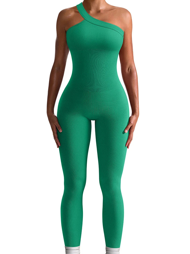 Women Yoga Jumpsuits Workout Ribbed One Shoulder One Piece Sport Jumpsuits Solid Sleeveless Hip Lifting Fitness Jumpsuits
