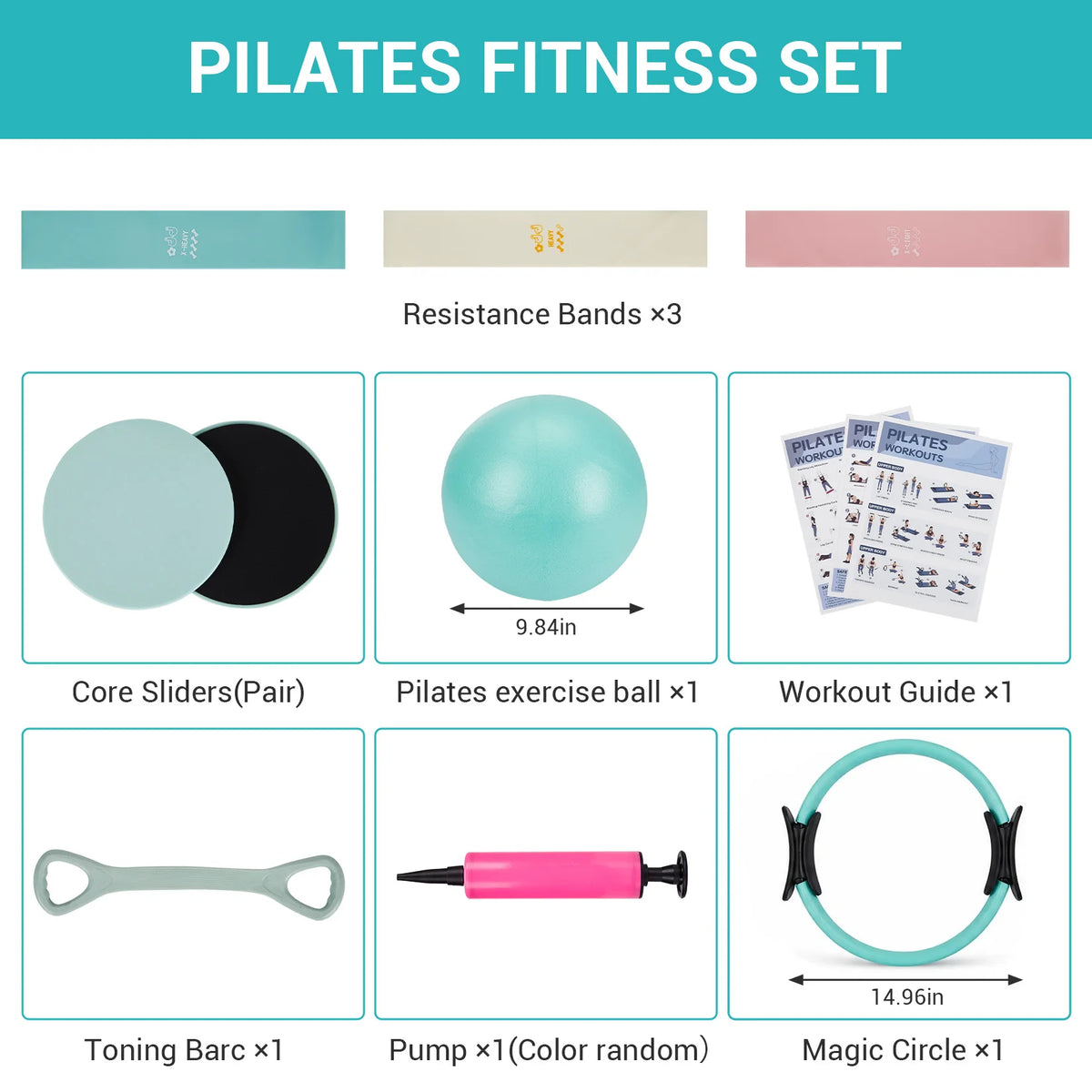 Pilates Training Set, 6-in-1 Pilates Ring, Exercise Ball, Resistance Bands, Core Sliders, Toning Bar, Workout Guide for Home Gym Yoga Fitness