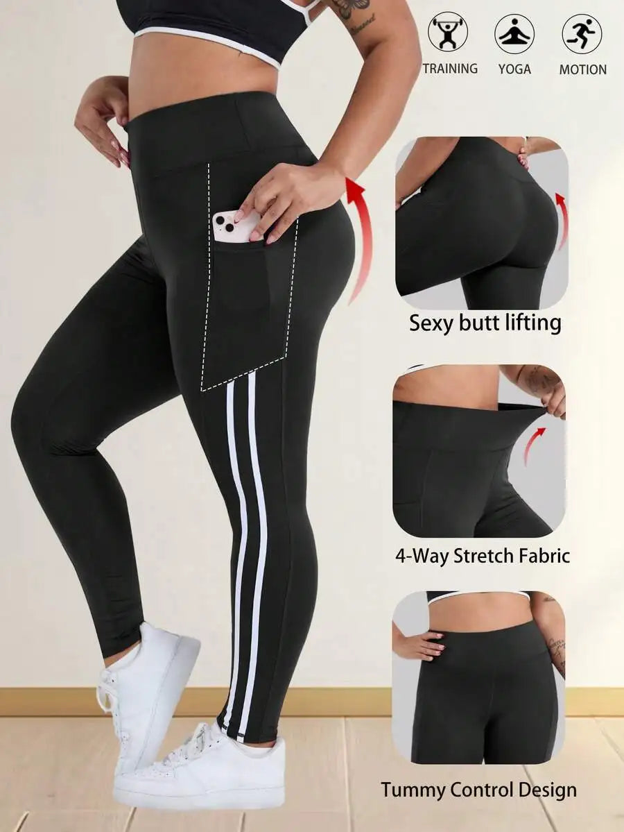Plus Size Women High Waist Slimming Yoga Pants With White Side Stripe Decoration, Pockets, Casual Sports Running Leggings Spring