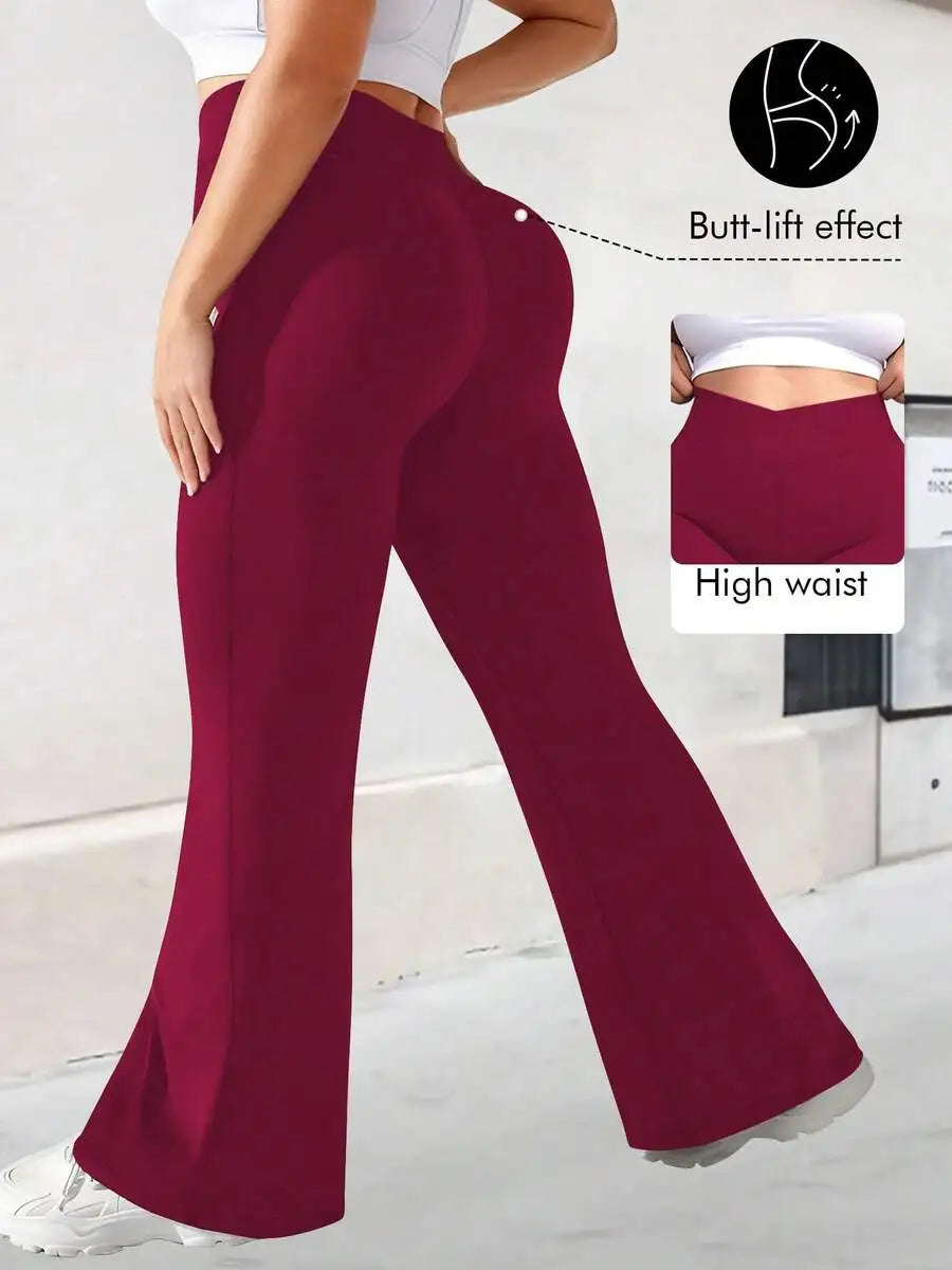 Plus Size High Waist Flare Pants, Women Fitness Yoga Leggings, Women High Waist Criss-Cross Flare Leggings Black Spring Sports