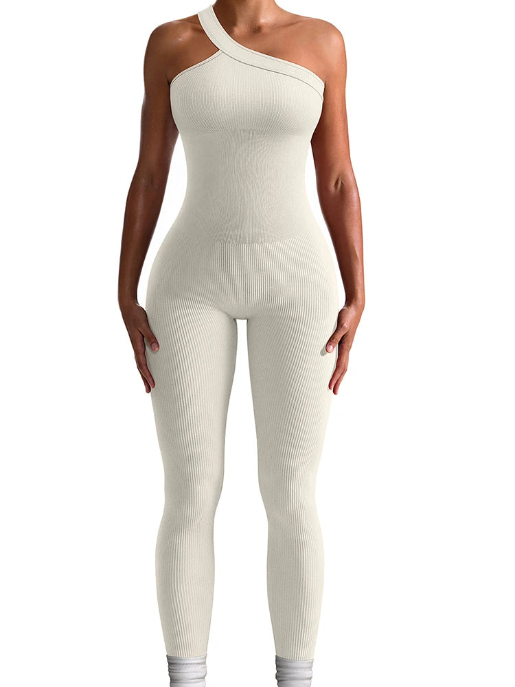 Women Yoga Jumpsuits Workout Ribbed One Shoulder One Piece Sport Jumpsuits Solid Sleeveless Hip Lifting Fitness Jumpsuits