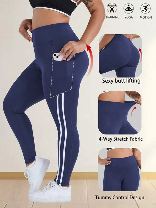 Plus Size Women High Waist Slimming Yoga Pants With White Side Stripe Decoration, Pockets, Casual Sports Running Leggings Spring