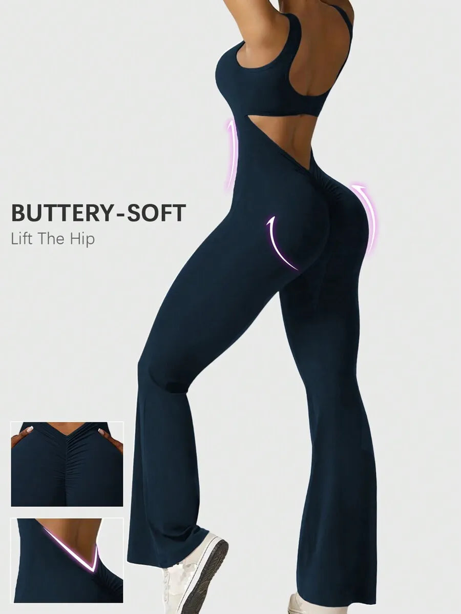 Speed mate Women's Sleeveless Yoga Jumpsuit With Butt Lifting Effect And Backless Design, Flare Bell Bottoms Shapewear Bodysuit