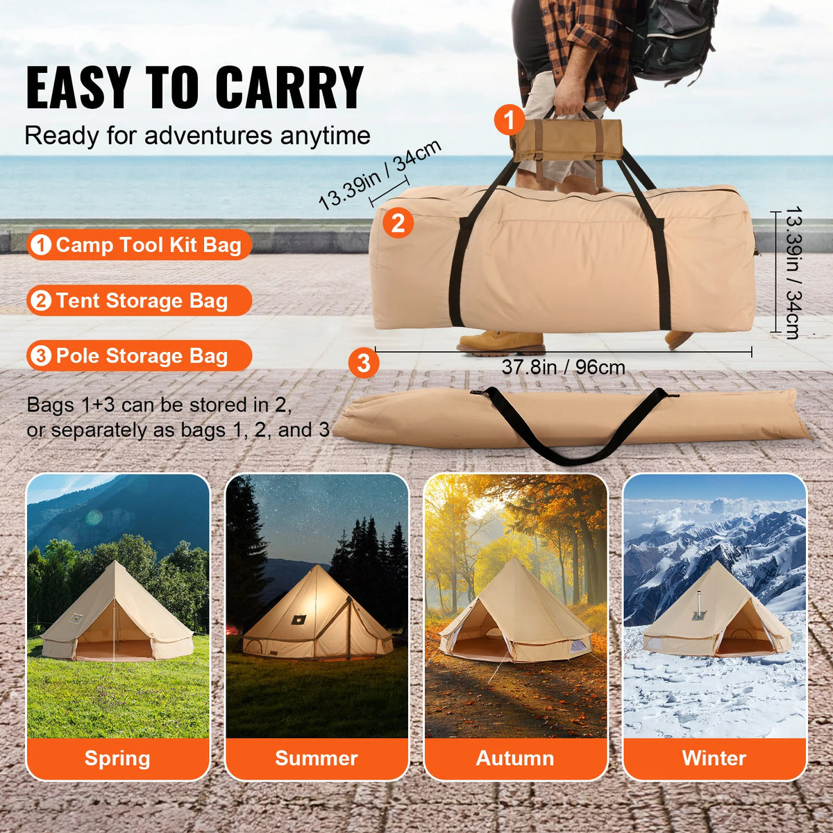 SucceBuy Canvas Bell Tent 4 Seasons 5 m/16/4" Yurt Tent Canvas Tent for Camping with Stove Breathable Tent, Holds up to 8 people