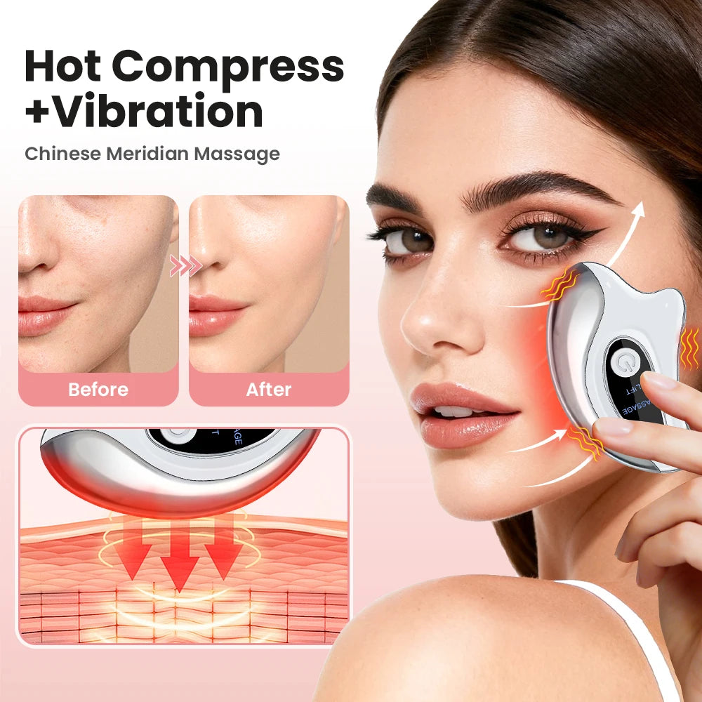 Electric Heated Gua Sha Tool, Hot Compress Face Massager, Facial Massager with Vibration, Beauty Device for Face & Neck, Skin Firming Device for Facial Sculpting, Gift for Women