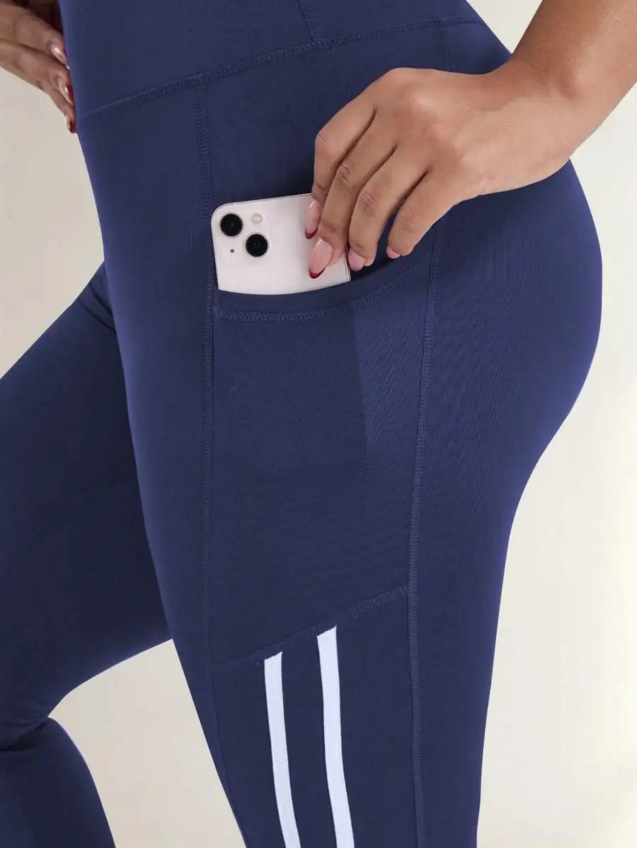Plus Size Women High Waist Slimming Yoga Pants With White Side Stripe Decoration, Pockets, Casual Sports Running Leggings Spring