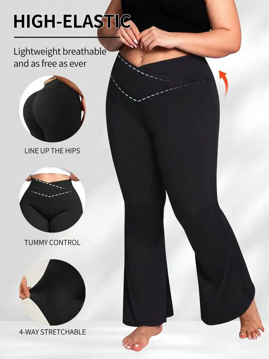 Plus Size High Waist Flare Pants, Women Fitness Yoga Leggings, Women High Waist Criss-Cross Flare Leggings Black Spring Sports