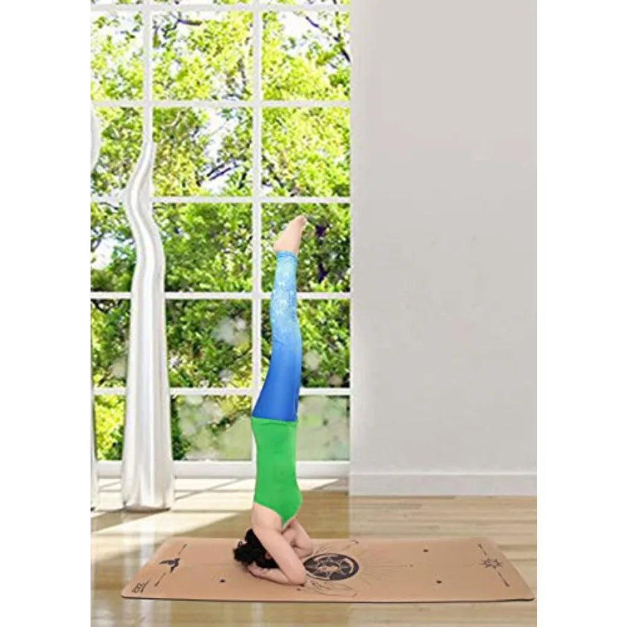 Hot yoga mat with cork surface and body alignment lines, natural beige color, non-slip sweatproof texture, made from 100 recycl