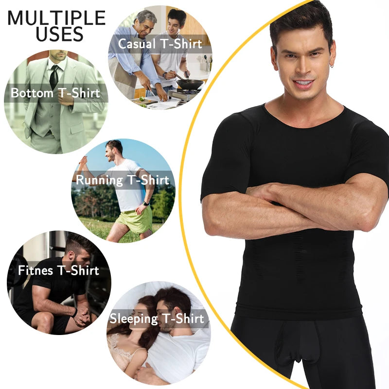 2 PCS Men Slimming Underwear Compression T-Shirt Undershirt Muscle Knitting Tank Tops Tummy Control Gym Work out Short Sleeve Shapewear High Stretch Breathable Body Shaper