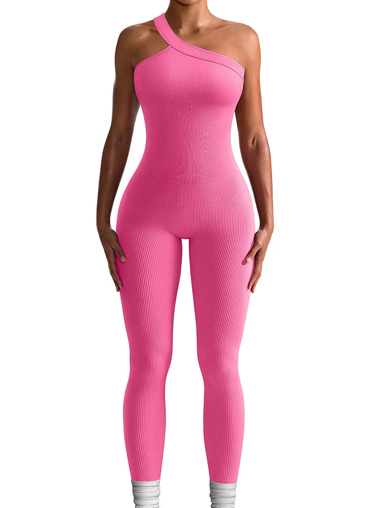 Women Yoga Jumpsuits Workout Ribbed One Shoulder One Piece Sport Jumpsuits Solid Sleeveless Hip Lifting Fitness Jumpsuits