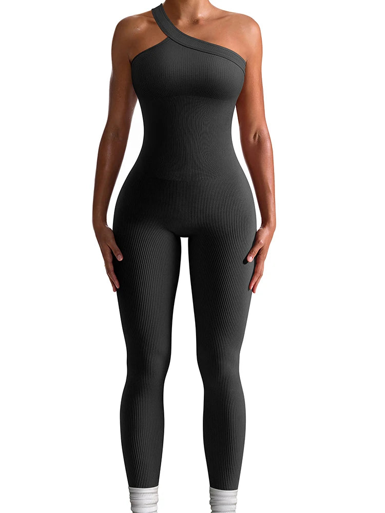 Women Yoga Jumpsuits Workout Ribbed One Shoulder One Piece Sport Jumpsuits Solid Sleeveless Hip Lifting Fitness Jumpsuits