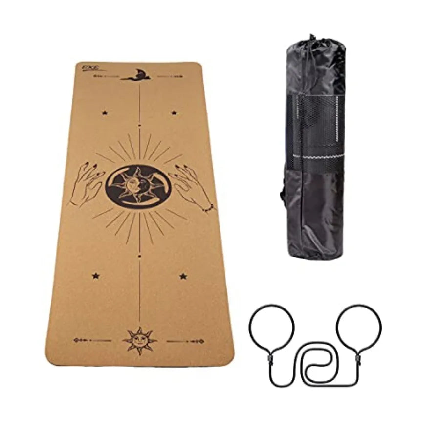 Hot yoga mat with cork surface and body alignment lines, natural beige color, non-slip sweatproof texture, made from 100 recycl