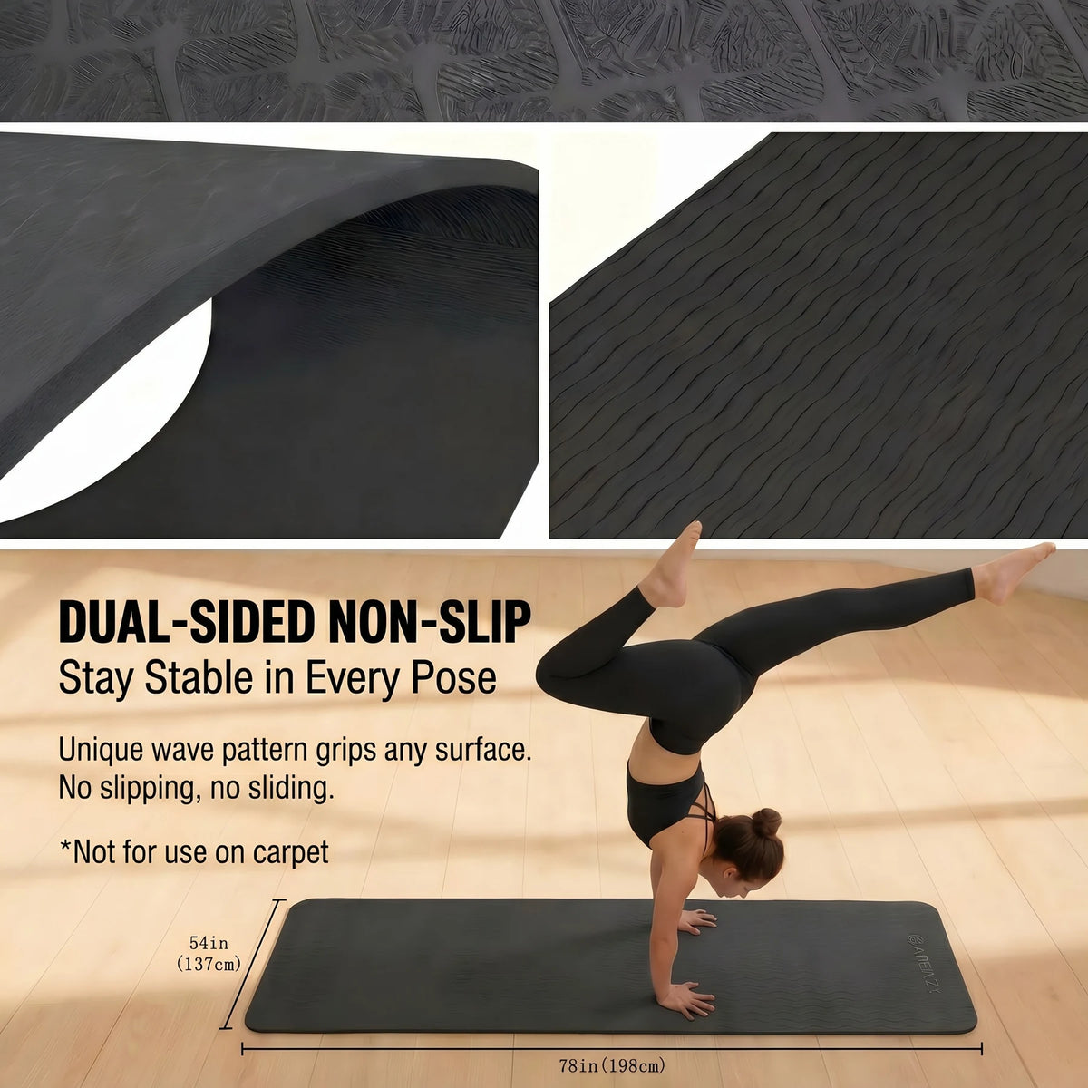 HAPBEAR Extra Large Yoga Mat,48×72 Inch TPE 6mm/8mm Double‑Sided Non‑Slip Wide Fitness Mat with Bag Straps for Home Gym Pilates Workouts