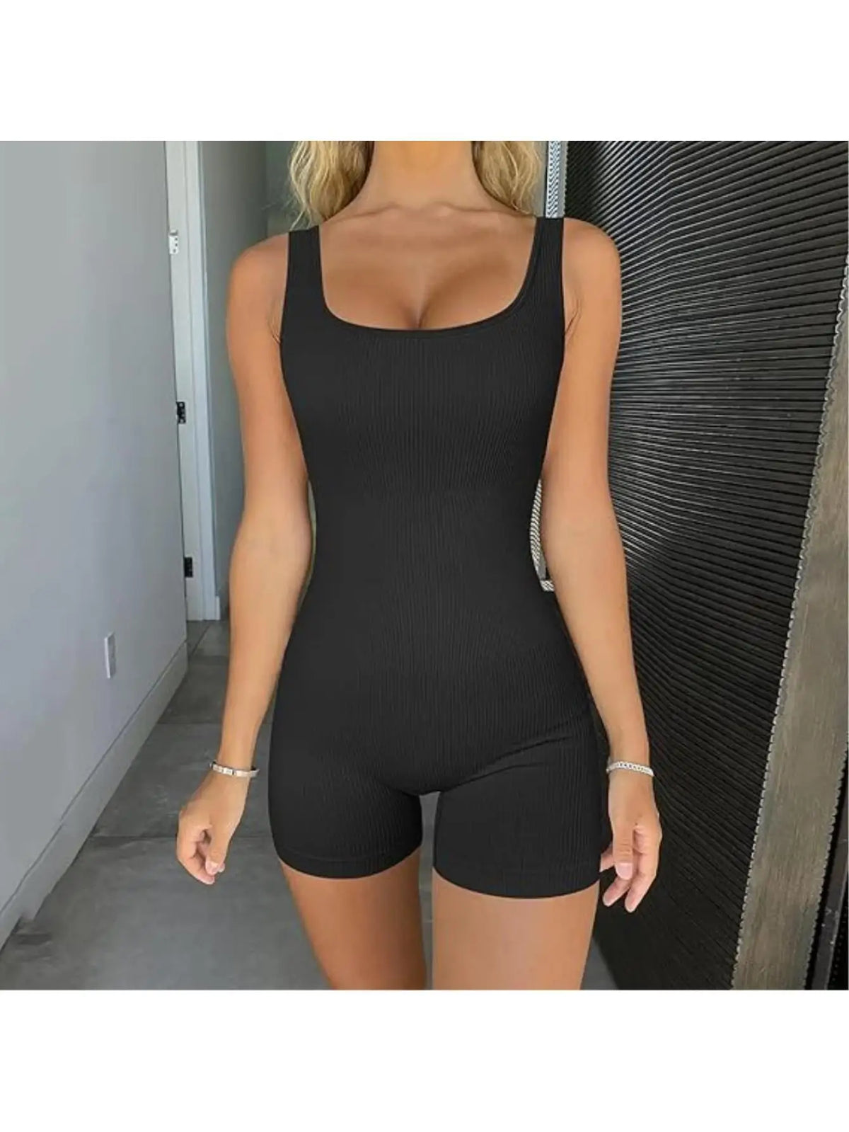 Women Yoga Romper Workout Ribbed Square Neck Sleeveless Sport Romper one Piece Short Jumpsuit