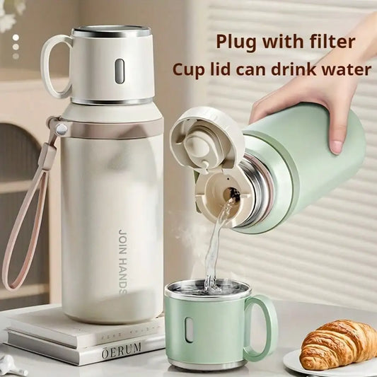 Stainless Steel Vacuum Insulated, Portable Thermal Water Bottle With Cup Lid & Carry Strap, Leakproof Hot Cold Flask For Travel Outdoor Office