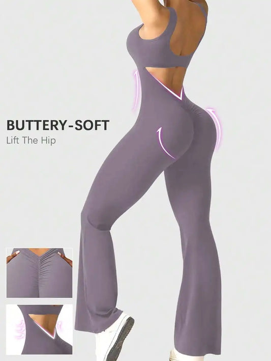 Speed mate Women's Sleeveless Yoga Jumpsuit With Butt Lifting Effect And Backless Design, Flare Bell Bottoms Shapewear Bodysuit