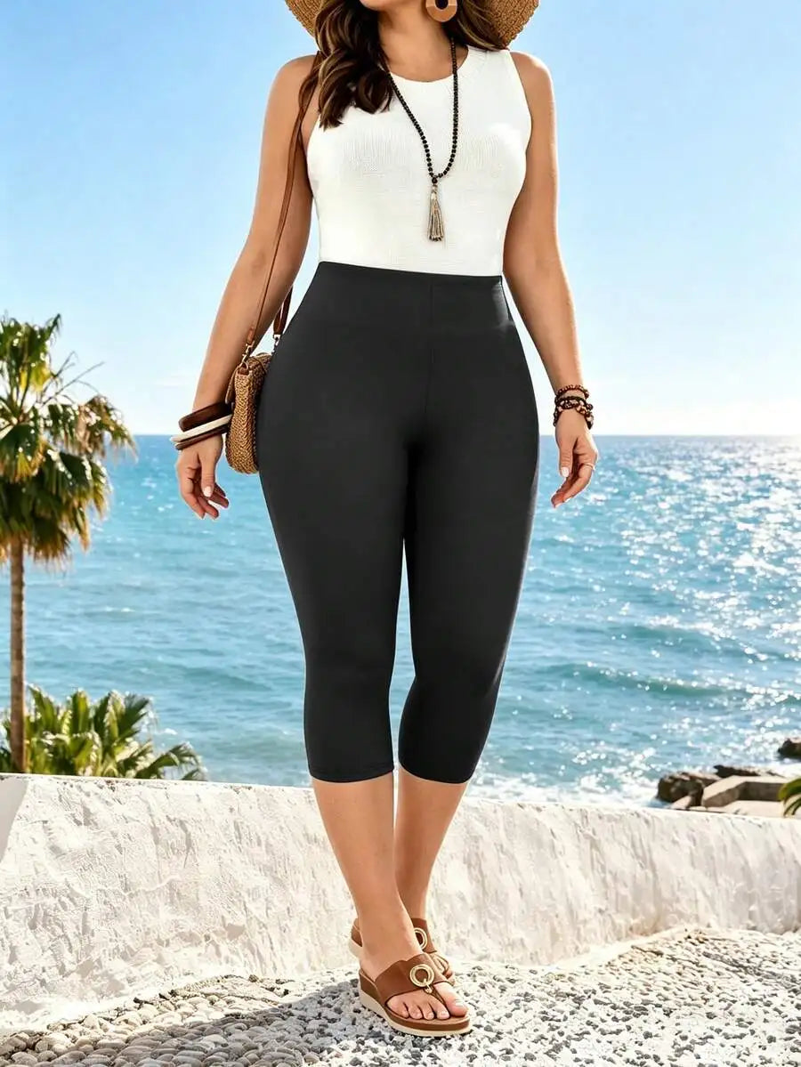 Plus Size Women's High Waist 7/8 Yoga Leggings, Elastic Comfortable Fitted Casual Capri Pants For Spring/Summer Sports