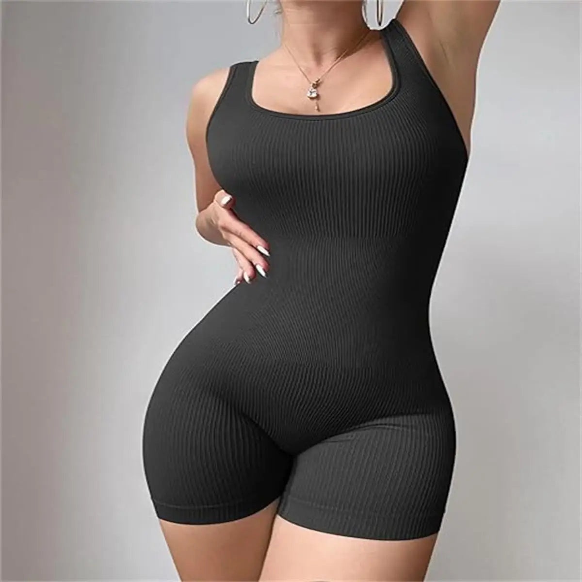 Women Yoga Romper Workout Ribbed Square Neck Sleeveless Sport Romper one Piece Short Jumpsuit