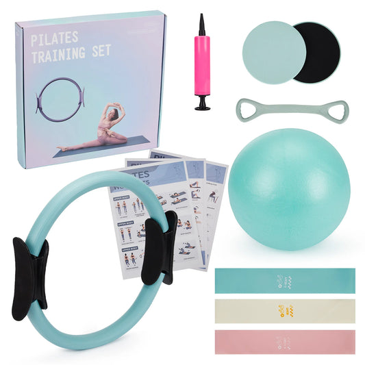 Pilates Training Set, 6-in-1 Pilates Ring, Exercise Ball, Resistance Bands, Core Sliders, Toning Bar, Workout Guide for Home Gym Yoga Fitness