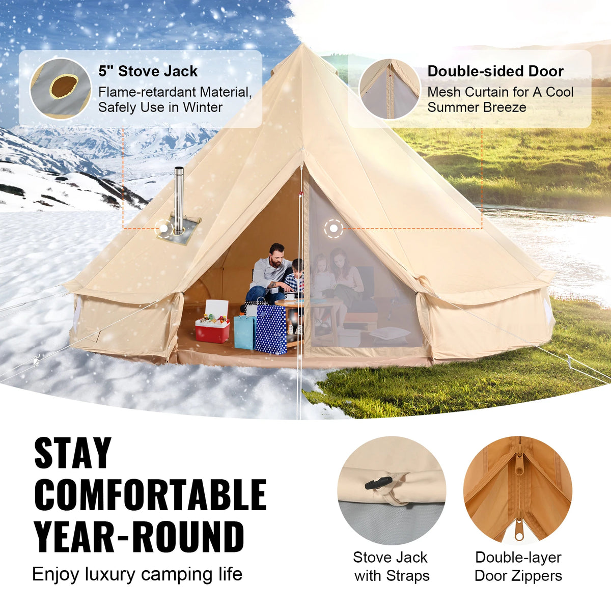 SucceBuy Canvas Bell Tent 4 Seasons 5 m/16/4" Yurt Tent Canvas Tent for Camping with Stove Breathable Tent, Holds up to 8 people