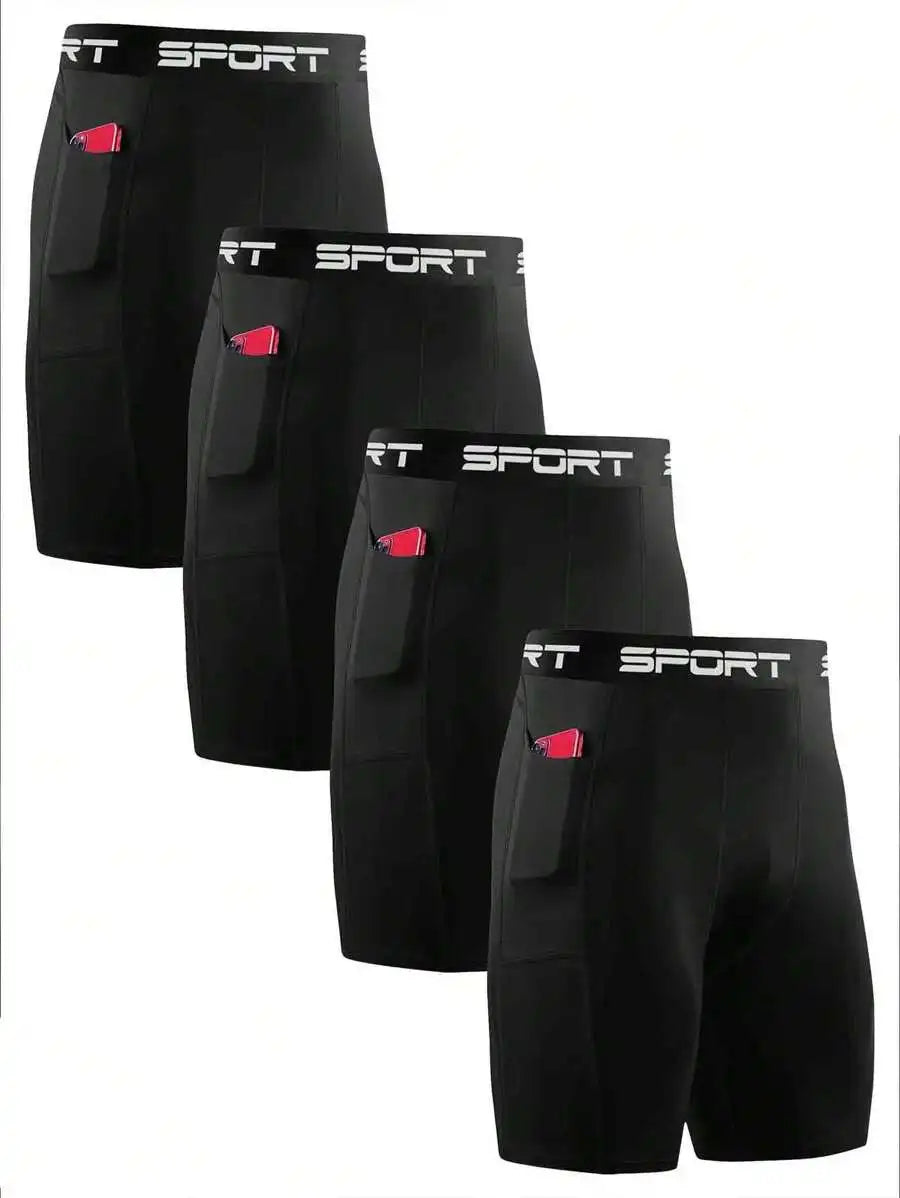 Mens Sport Compression Shorts With Pockets Quick Dry Breathable Athletic Training Underwear