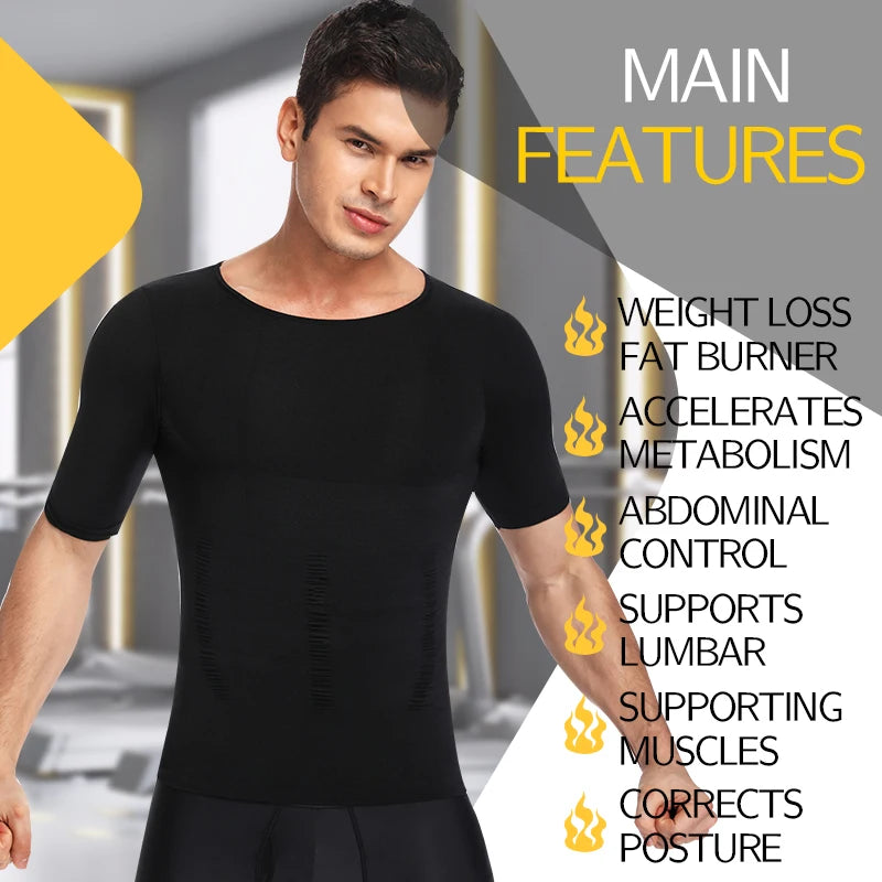 2 PCS Men Slimming Underwear Compression T-Shirt Undershirt Muscle Knitting Tank Tops Tummy Control Gym Work out Short Sleeve Shapewear High Stretch Breathable Body Shaper