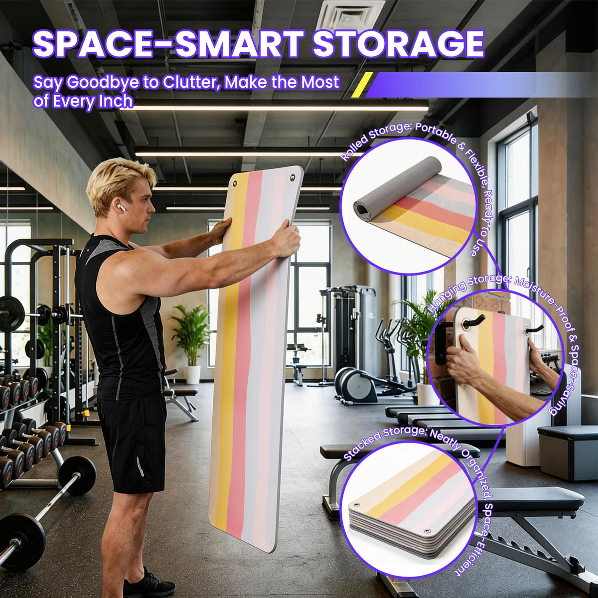 Hanging Fitness Exercise Mat, 71"×24" Non-Slip Foldable Workout Mat with Metal Grommets for Yoga Strength Training Home Gym