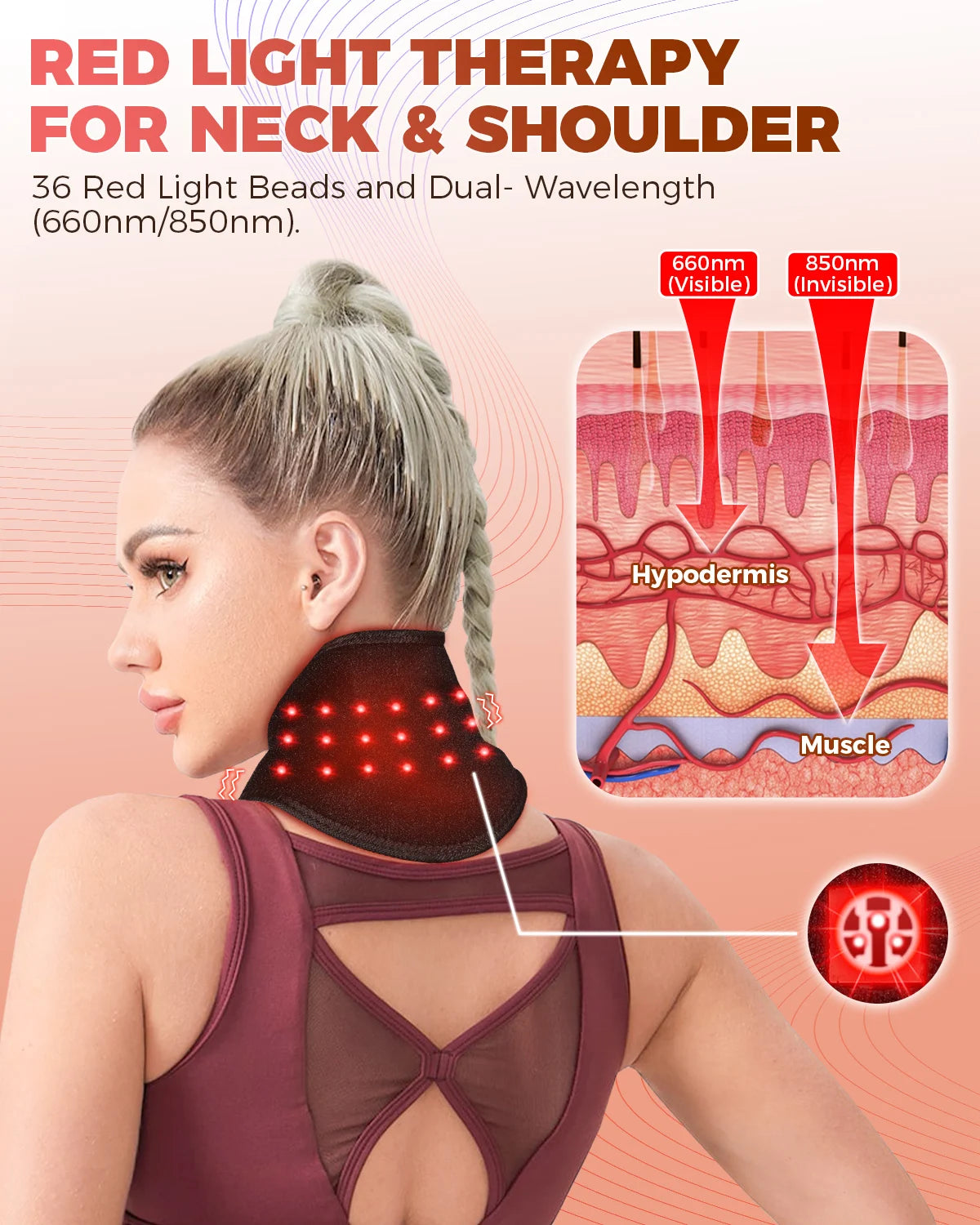 Red Light Therapy for Neck & Shoulder, 660nm & 850nm Infrared Massager with Heat Vibration, Cordless Portable Pain Relief Heated Pads
