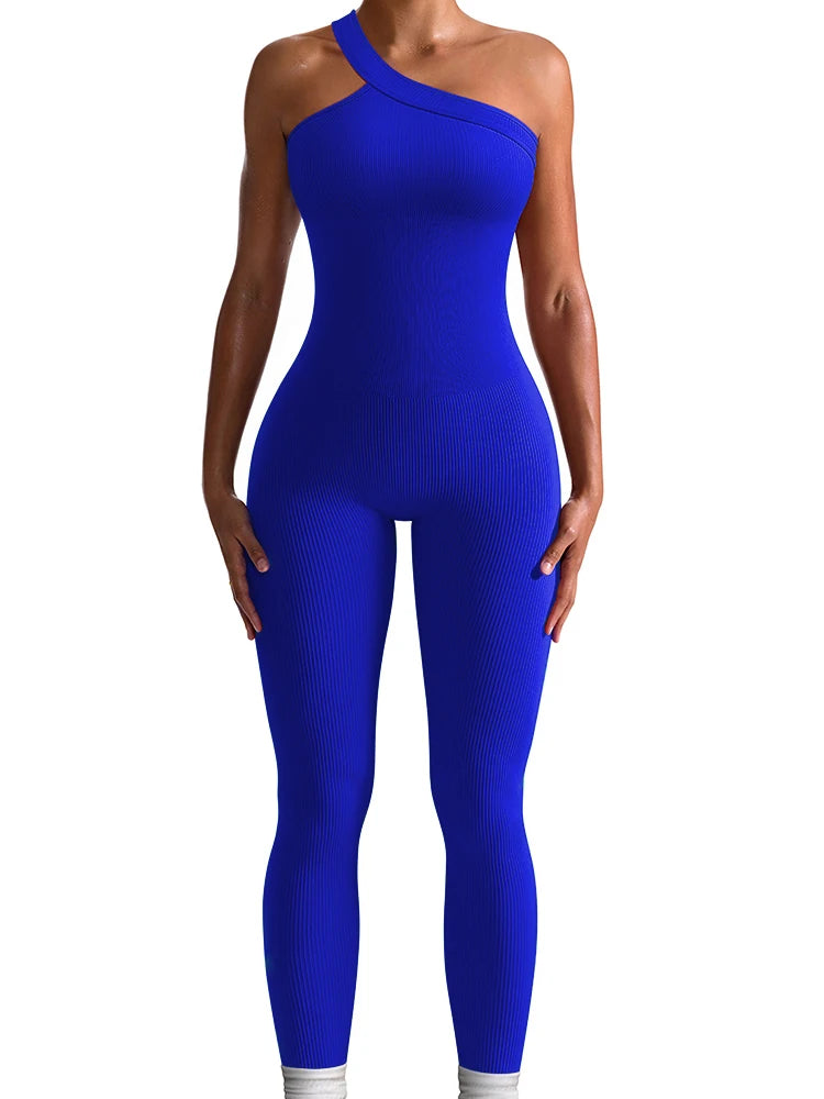 Women Yoga Jumpsuits Workout Ribbed One Shoulder One Piece Sport Jumpsuits Solid Sleeveless Hip Lifting Fitness Jumpsuits