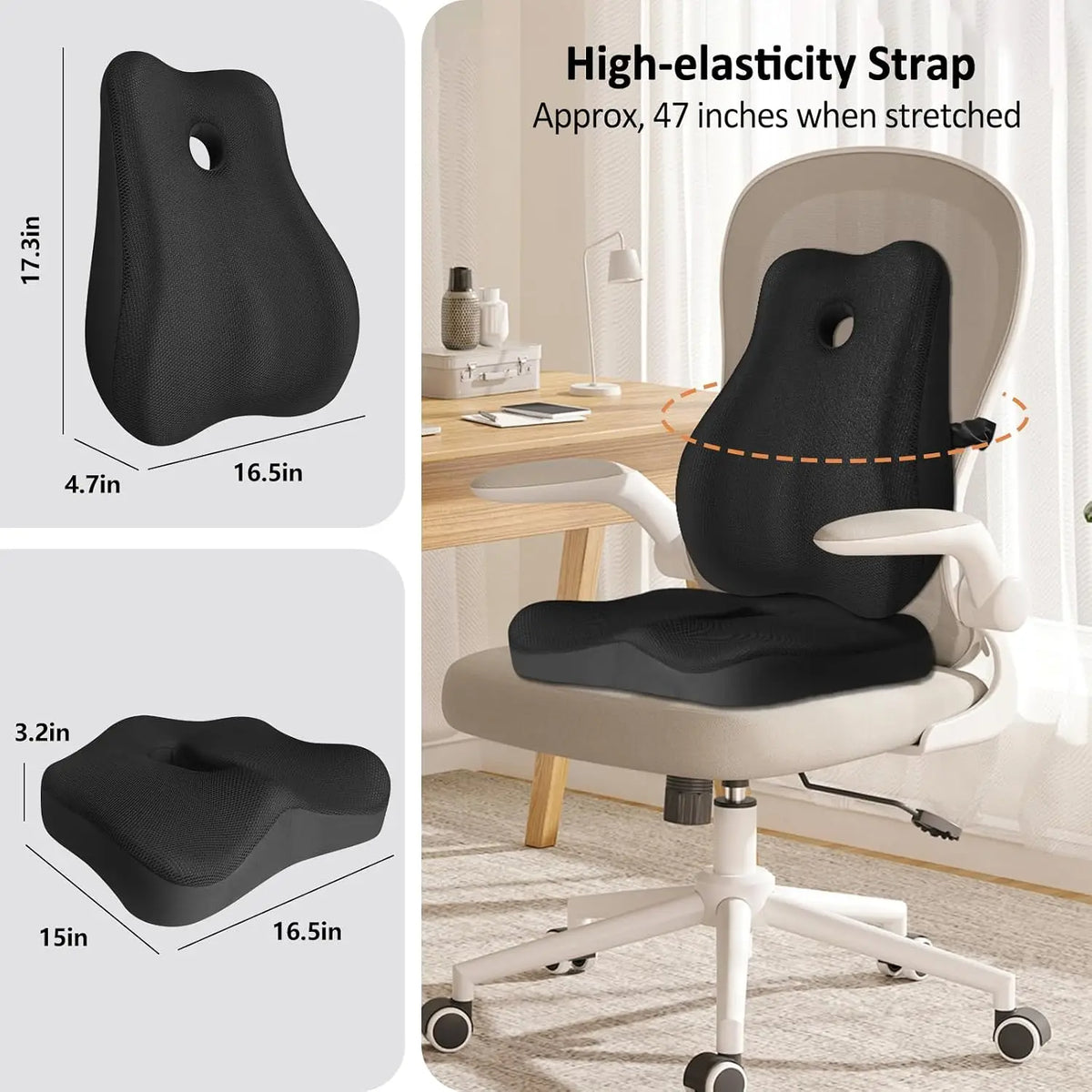 Ergonomic Memory Foam Seat Cushion & Lumbar Pillow Set, Cooling Mesh Cover, Non-Slip Base, Adjustable Straps for Office, Gaming, Car Chair