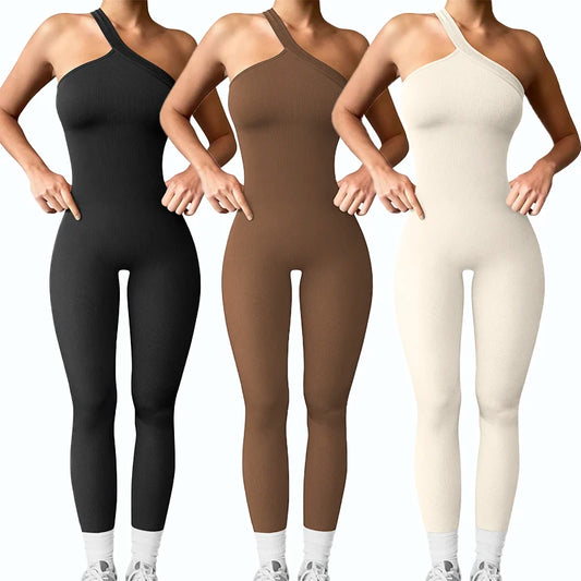 Women Yoga Jumpsuits Workout Ribbed One Shoulder One Piece Sport Jumpsuits Solid Sleeveless Hip Lifting Fitness Jumpsuits