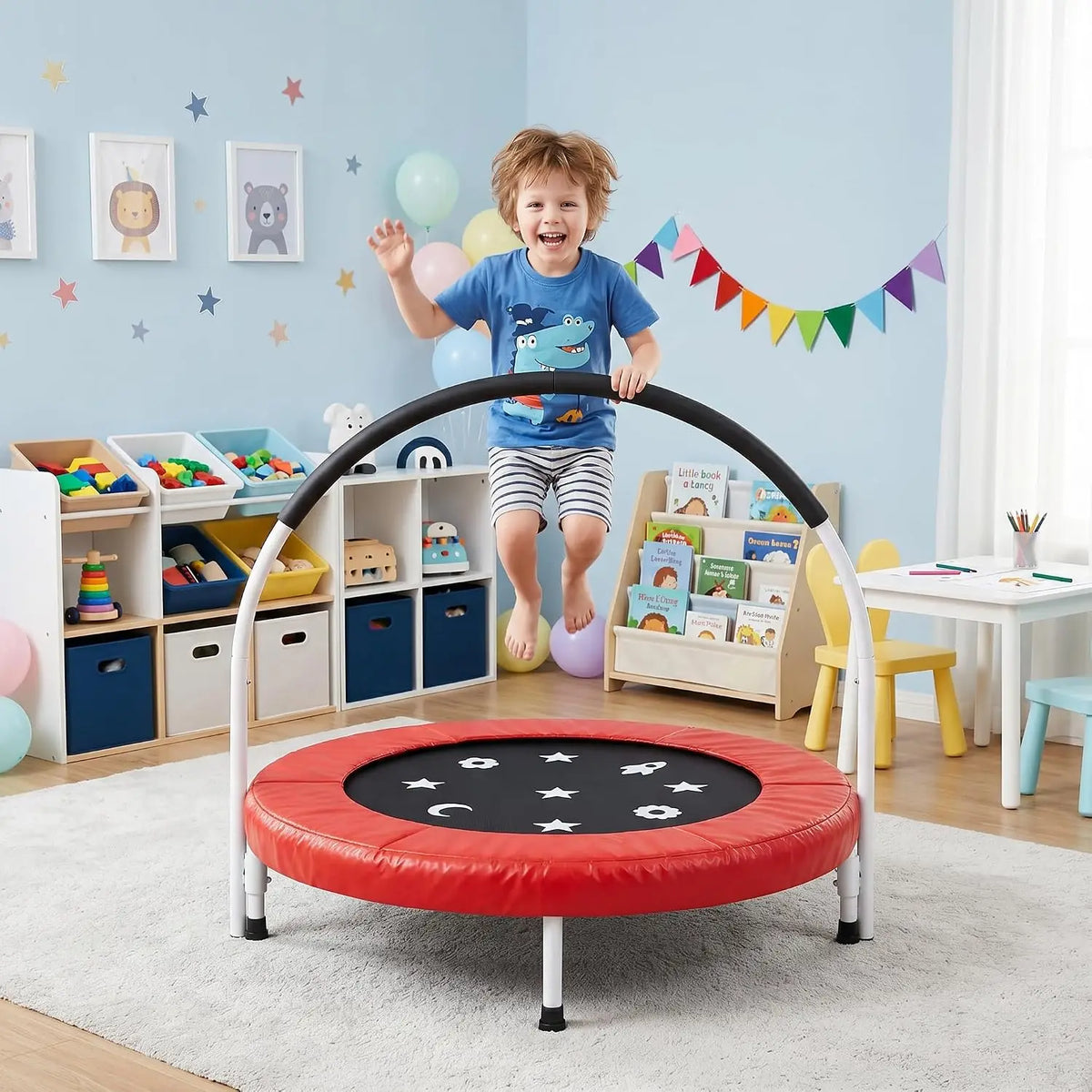 36 Inch Foldable Toddler Trampoline With Handle And Safety Pad Soft Foam Grip For Kids Ages 3 To 6 Collapsible Space Saving Design Ideal Gift For Indoor And Outdoor Use