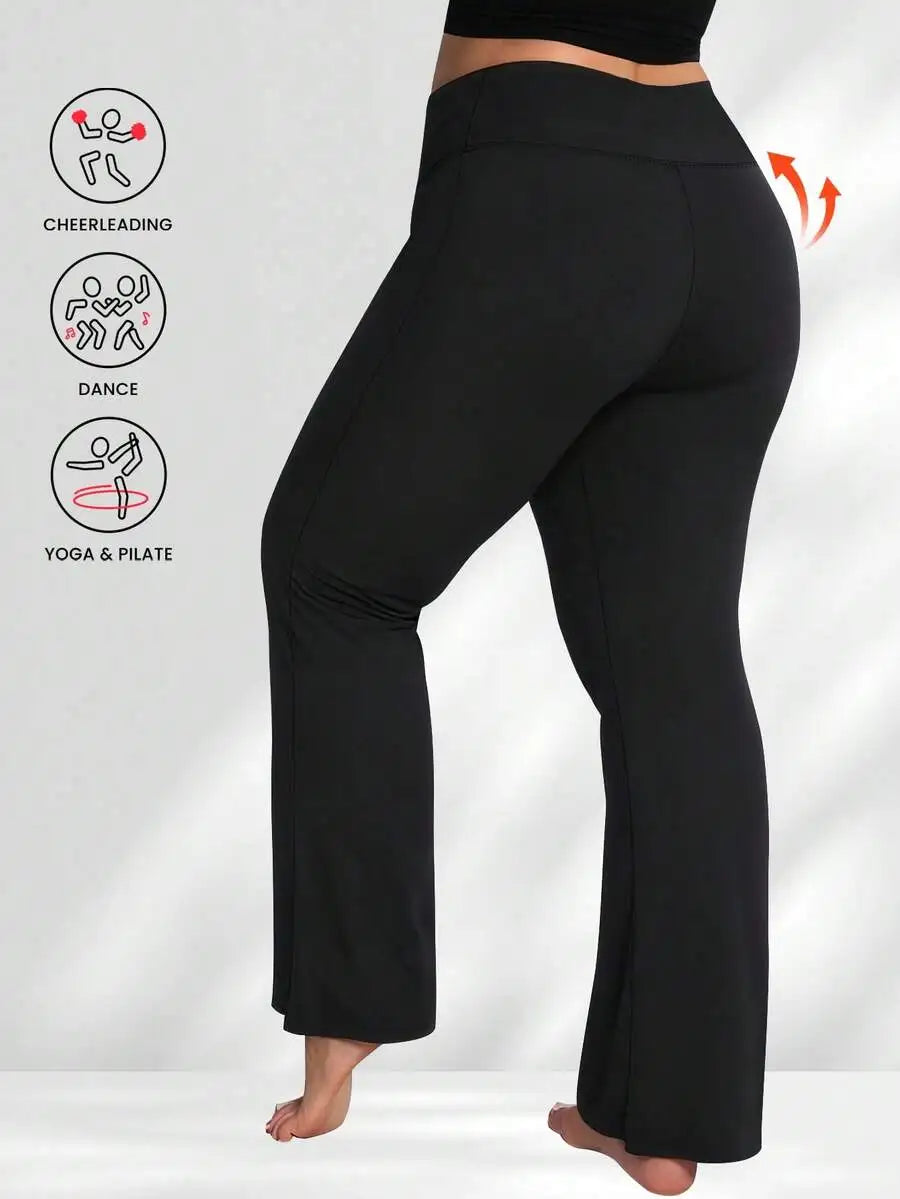 Plus Size High Waist Flare Pants, Women Fitness Yoga Leggings, Women High Waist Criss-Cross Flare Leggings Black Spring Sports