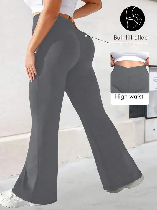 Plus Size High Waist Flare Pants, Women Fitness Yoga Leggings, Women High Waist Criss-Cross Flare Leggings Black Spring Sports