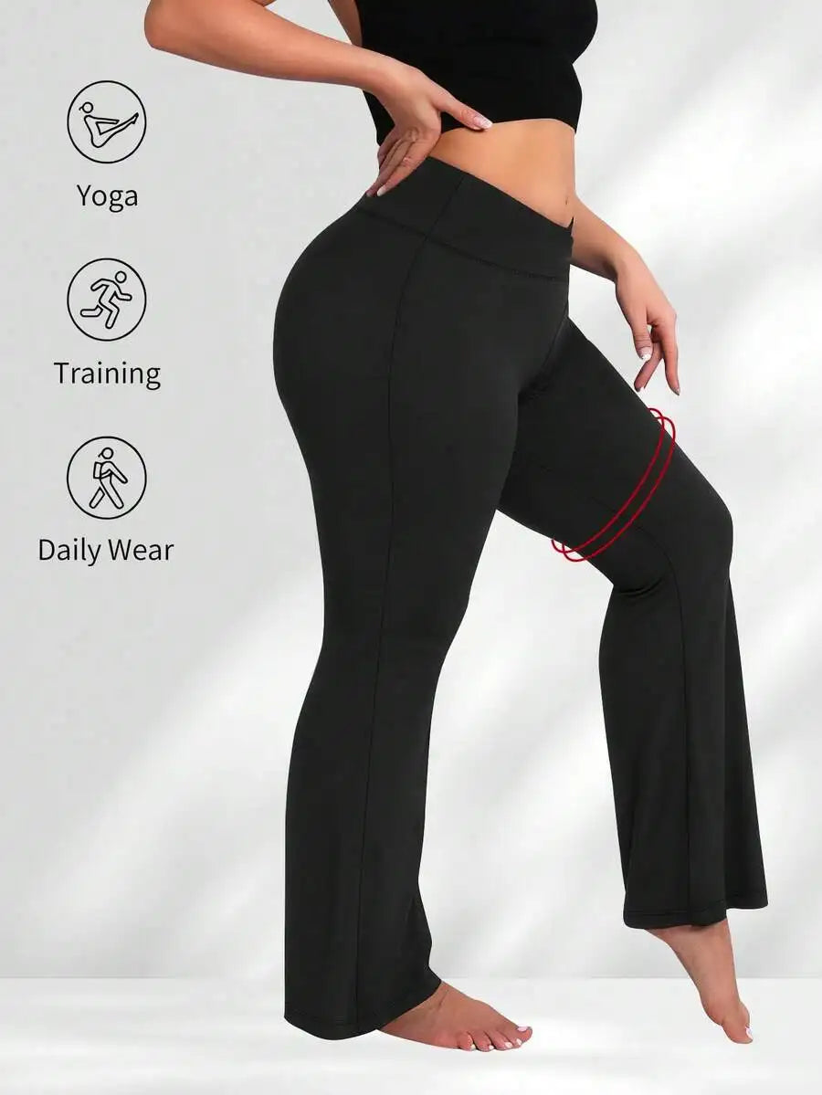 Plus Size High Waist Flare Pants, Women Fitness Yoga Leggings, Women High Waist Criss-Cross Flare Leggings Black Spring Sports