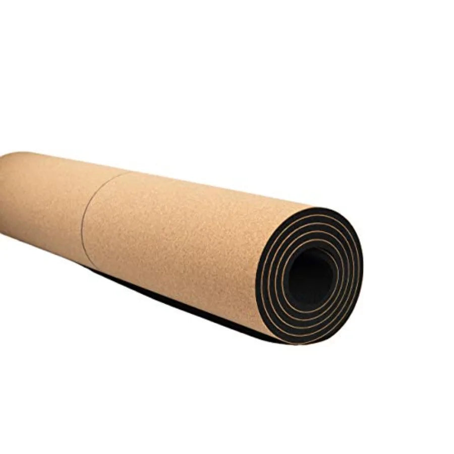 Hot yoga mat with cork surface and body alignment lines, natural beige color, non-slip sweatproof texture, made from 100 recycl