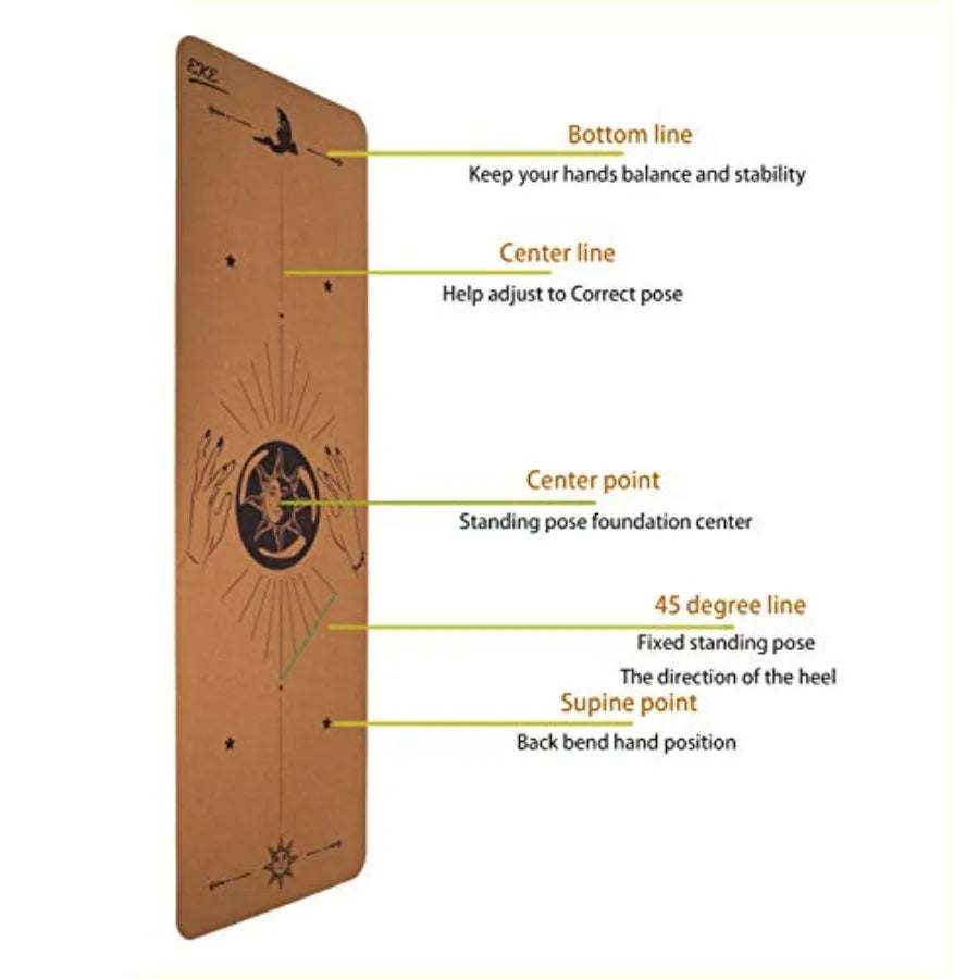 Hot yoga mat with cork surface and body alignment lines, natural beige color, non-slip sweatproof texture, made from 100 recycl