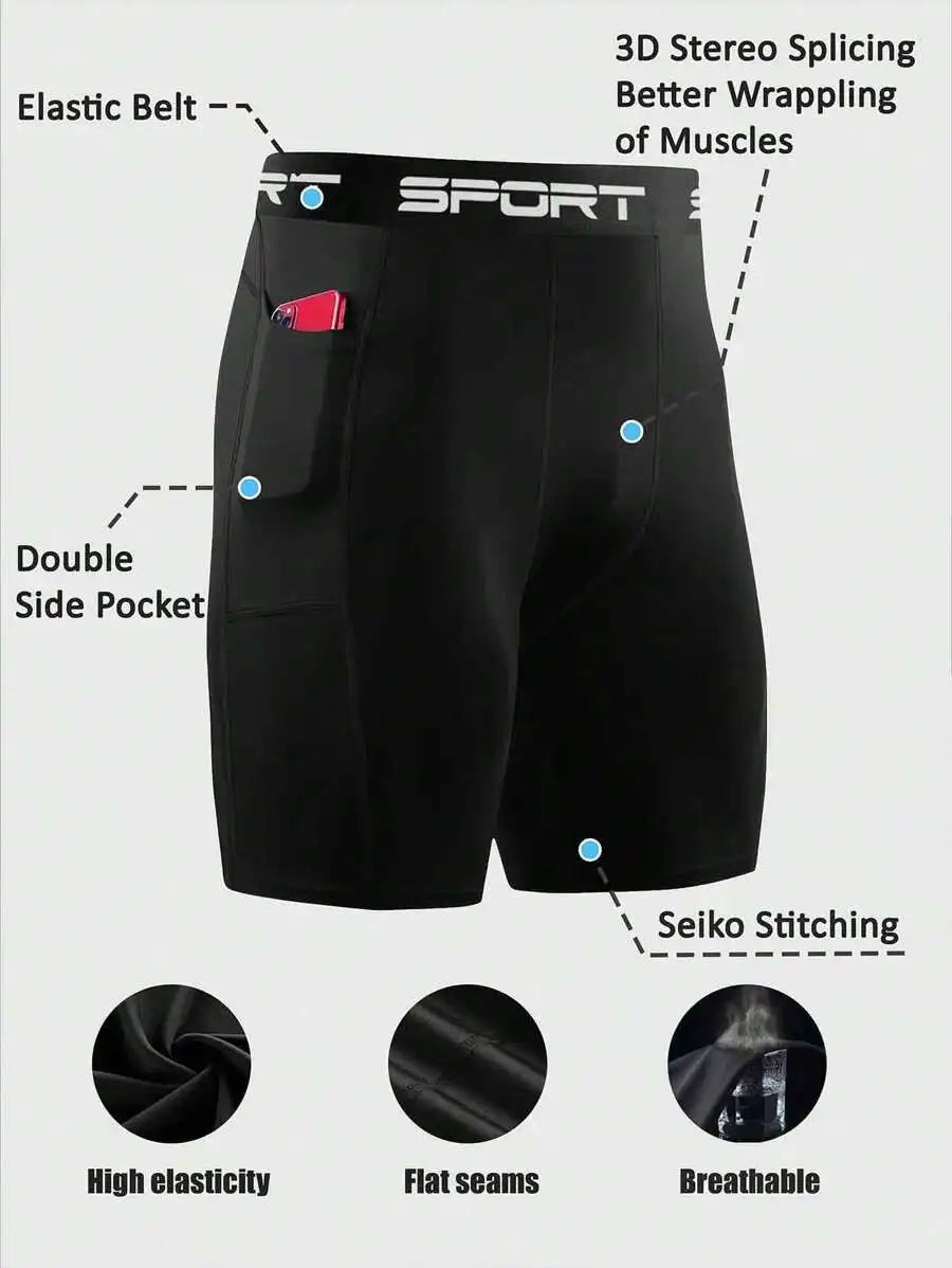 Mens Sport Compression Shorts With Pockets Quick Dry Breathable Athletic Training Underwear