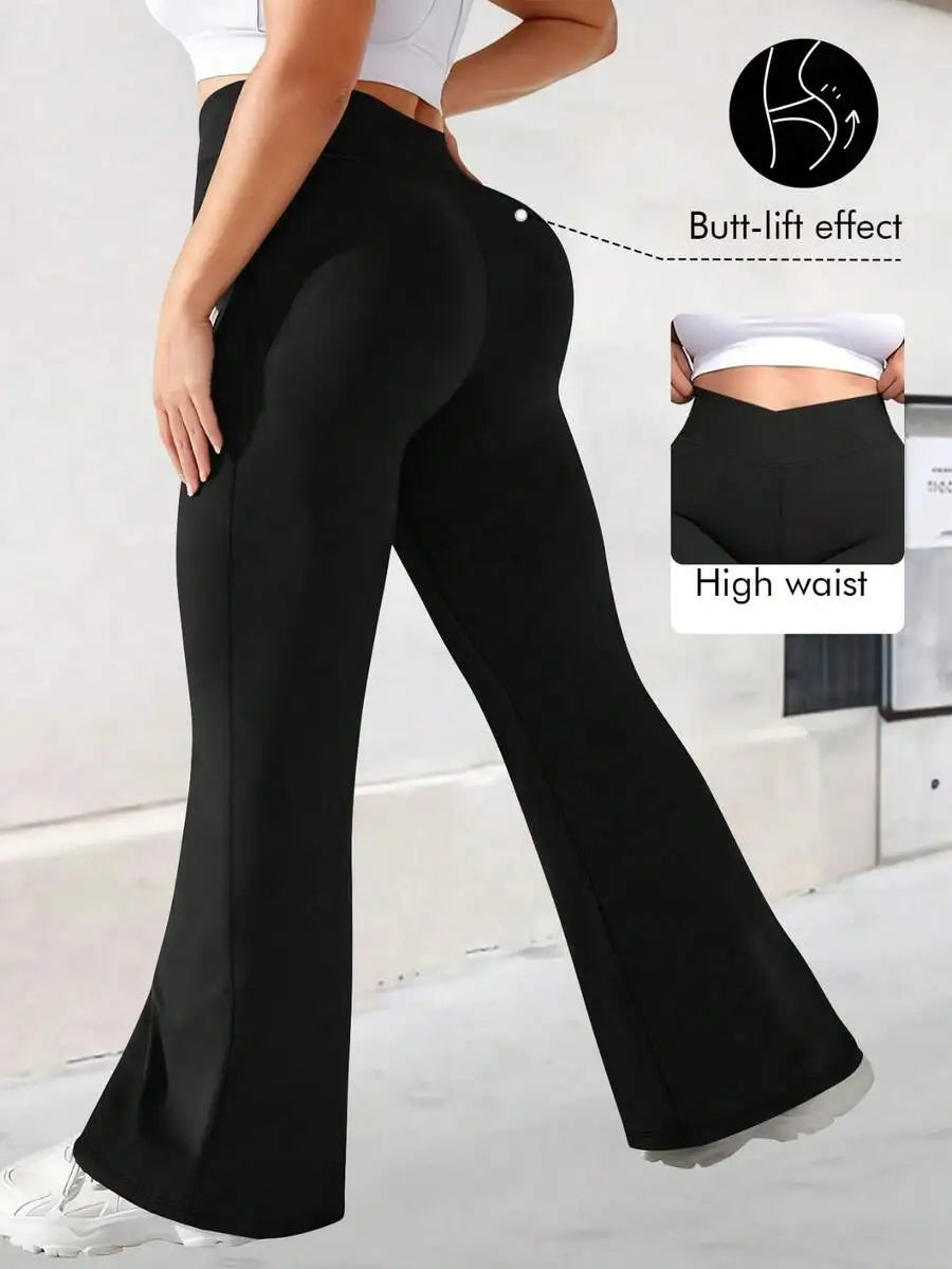 Plus Size High Waist Flare Pants, Women Fitness Yoga Leggings, Women High Waist Criss-Cross Flare Leggings Black Spring Sports