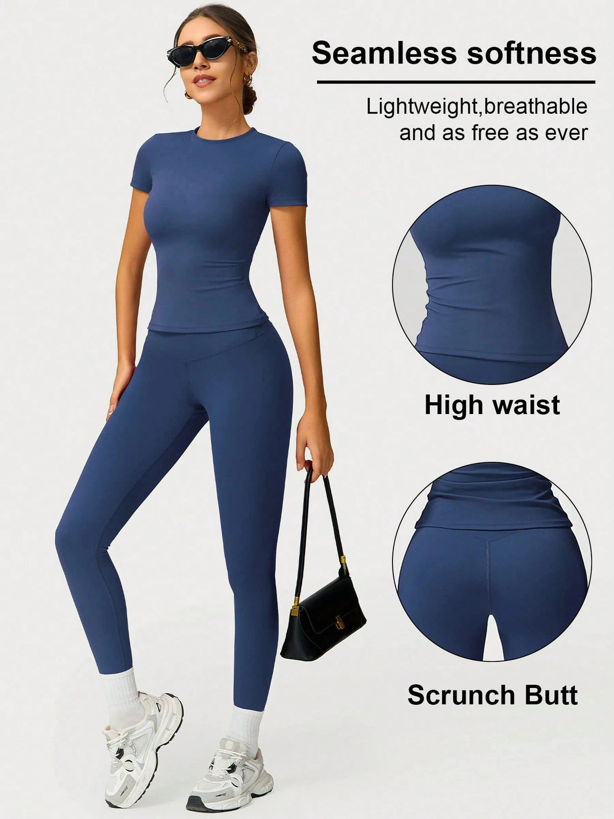 2pcs/Set Women Soft Moisture Wicking Round Neck Short Sleeve Top And Elastic Yoga Pants Summer Sports