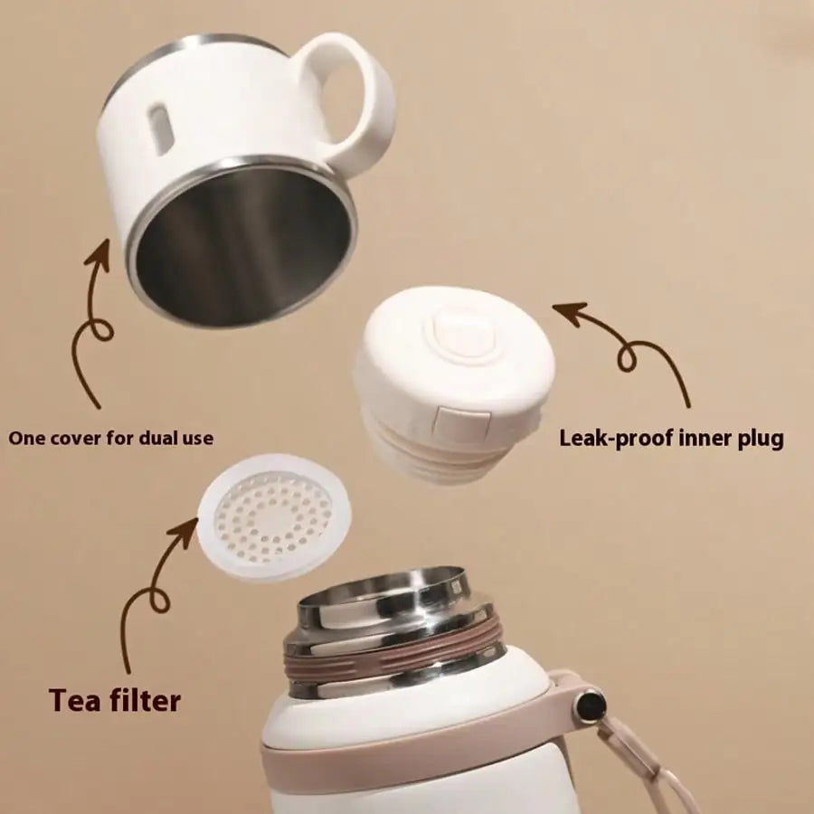 Stainless Steel Vacuum Insulated, Portable Thermal Water Bottle With Cup Lid & Carry Strap, Leakproof Hot Cold Flask For Travel Outdoor Office