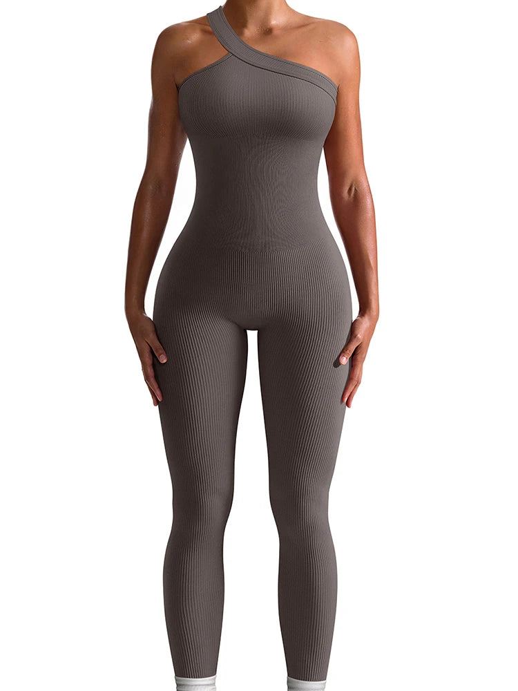 Women Yoga Jumpsuits Workout Ribbed One Shoulder One Piece Sport Jumpsuits Solid Sleeveless Hip Lifting Fitness Jumpsuits