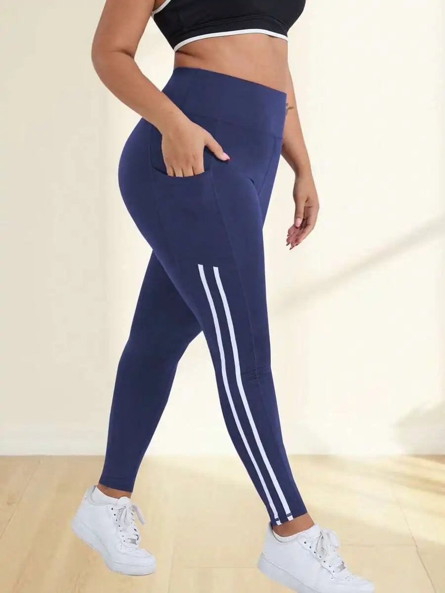 Plus Size Women High Waist Slimming Yoga Pants With White Side Stripe Decoration, Pockets, Casual Sports Running Leggings Spring