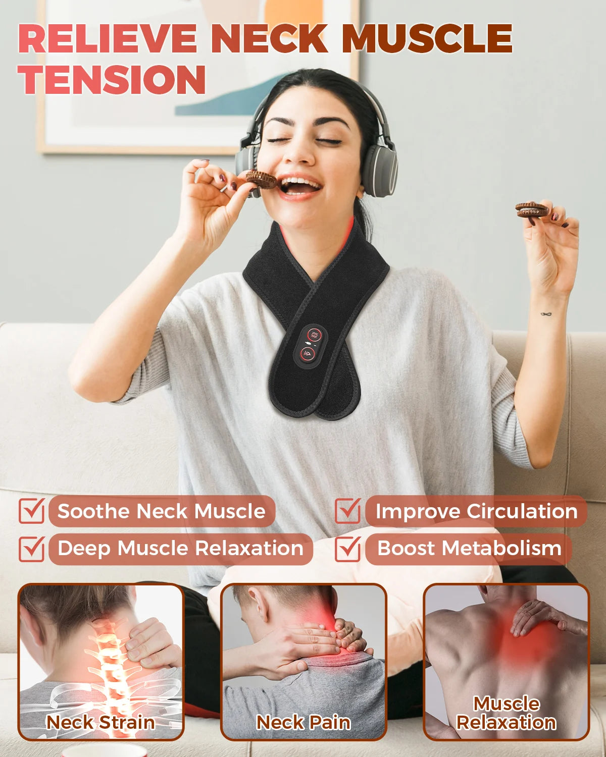 Red Light Therapy for Neck & Shoulder, 660nm & 850nm Infrared Massager with Heat Vibration, Cordless Portable Pain Relief Heated Pads
