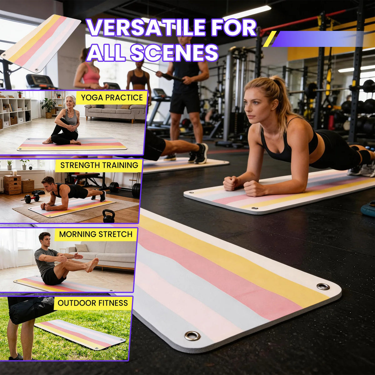 Hanging Fitness Exercise Mat, 71"×24" Non-Slip Foldable Workout Mat with Metal Grommets for Yoga Strength Training Home Gym