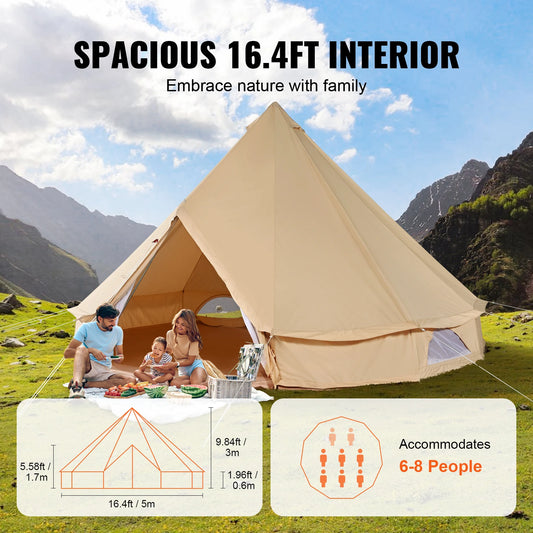 SucceBuy Canvas Bell Tent 4 Seasons 5 m/16/4" Yurt Tent Canvas Tent for Camping with Stove Breathable Tent, Holds up to 8 people