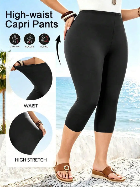 Plus Size Women's High Waist 7/8 Yoga Leggings, Elastic Comfortable Fitted Casual Capri Pants For Spring/Summer Sports