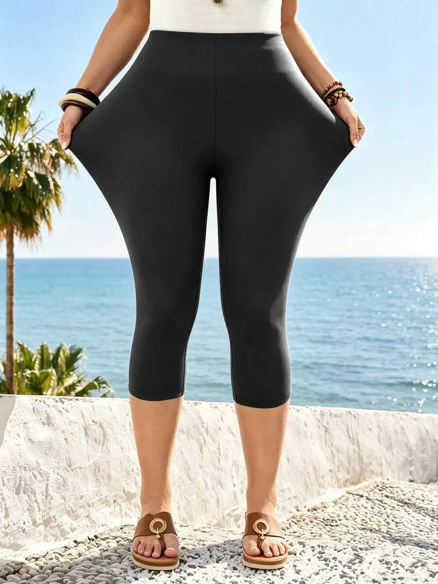 Plus Size Women's High Waist 7/8 Yoga Leggings, Elastic Comfortable Fitted Casual Capri Pants For Spring/Summer Sports